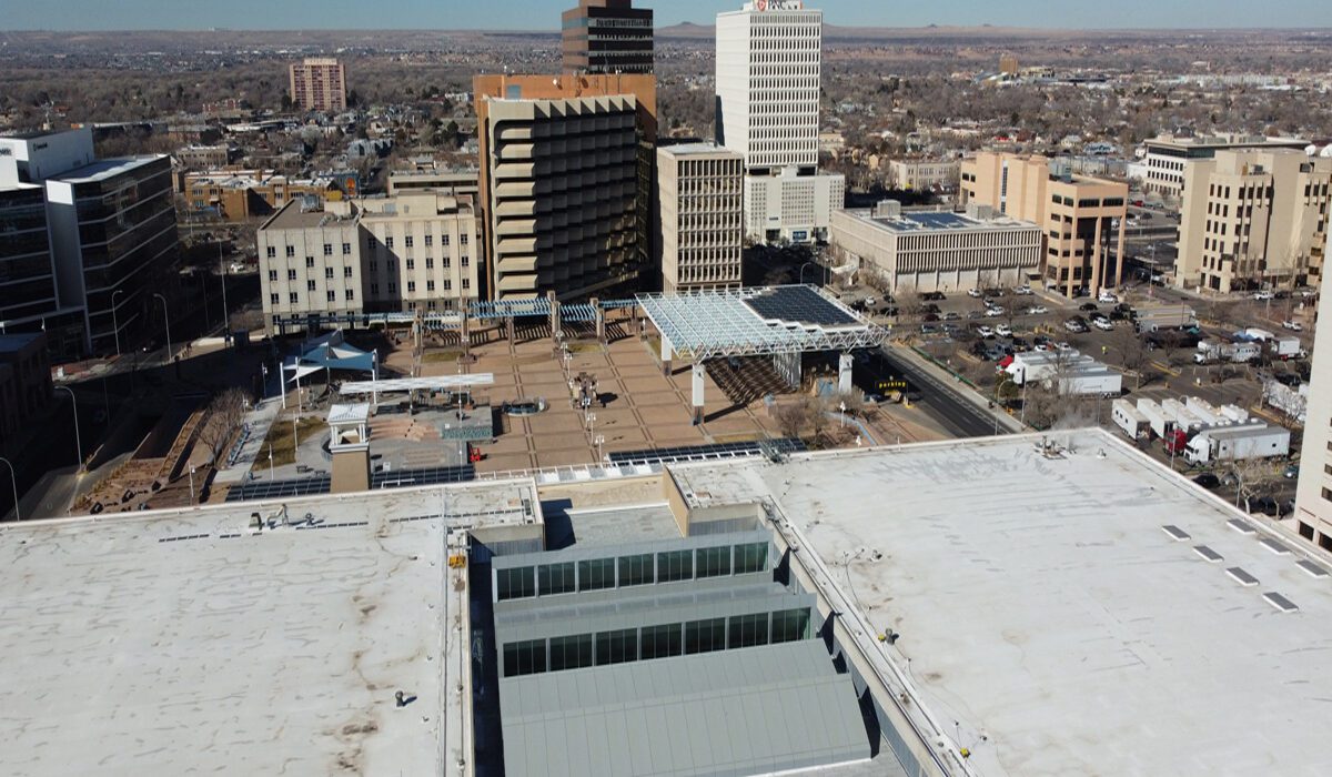 A view of the city from above looking down.